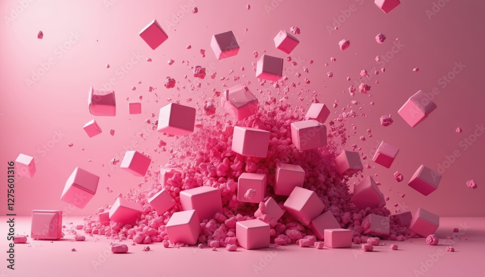 Poster 3D render of many pink cubes exploding in pink space. Geometric shapes scatter with impact. Abstract design with shattered blocks against monochromatic backdrop.