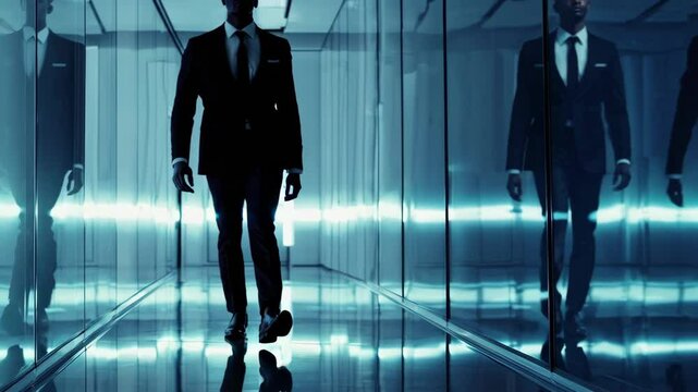 A futuristic video scene with a low-angle shot of a man walking in a mirrored hallway, creating a sleek, modern, and reflective atmosphere.