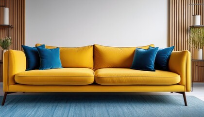 VintageInspired Yellow Sofa under Distressed Wooden Frames, Complemented by Blue Cushions, Evoking a Cozy and Timeless Atmosphere, Perfect for Midcentury Modern Decor or Artful Living Spaces.