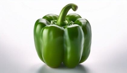 A fresh green bell pepper with subtle light reflections and realistic skin texture, placed on a neutral surface, highlighting its vibrant color and natural appeal.