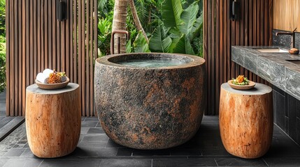 Fototapeta premium Luxurious Outdoor Stone Tub Spa Relaxation Scene with Wooden Accents