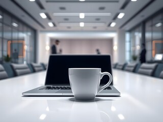 Fototapeta premium Laptop, computer, tablet, mobile phone, pen and notebook on office table for business concept, in clean office, Generative AI Illustration.
