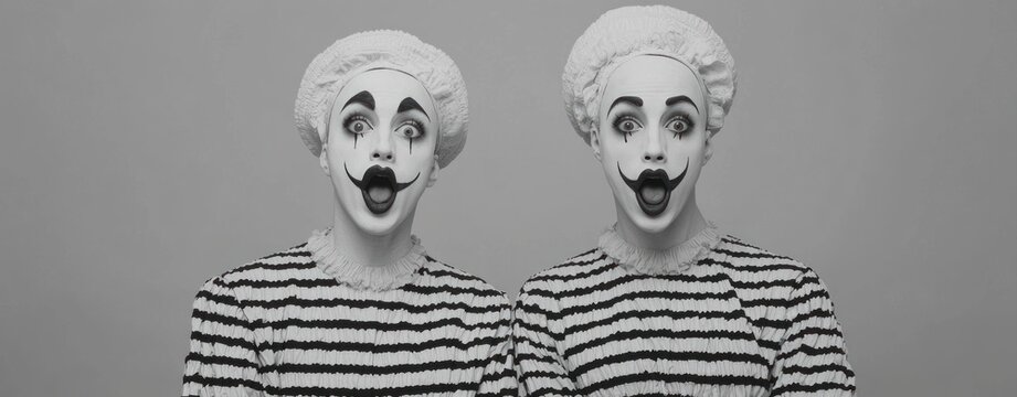 Two surprised mime artists with striped shirts and white face paint