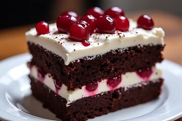 A delectable slice of Black Forest cake topped with ripe cherries gleams.