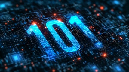 Glowing blue digital number 101 against detailed futuristic abstract technology background.