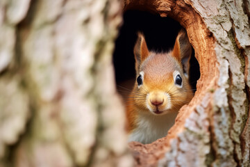 squirrel on a tree,Cute,lovable,close-up,wild,hidden in the tree,looking at the camera.
