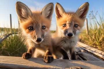 fox in the wild,Looking at the camera,Two,adorable,wild,baby,loved,young foxes.

