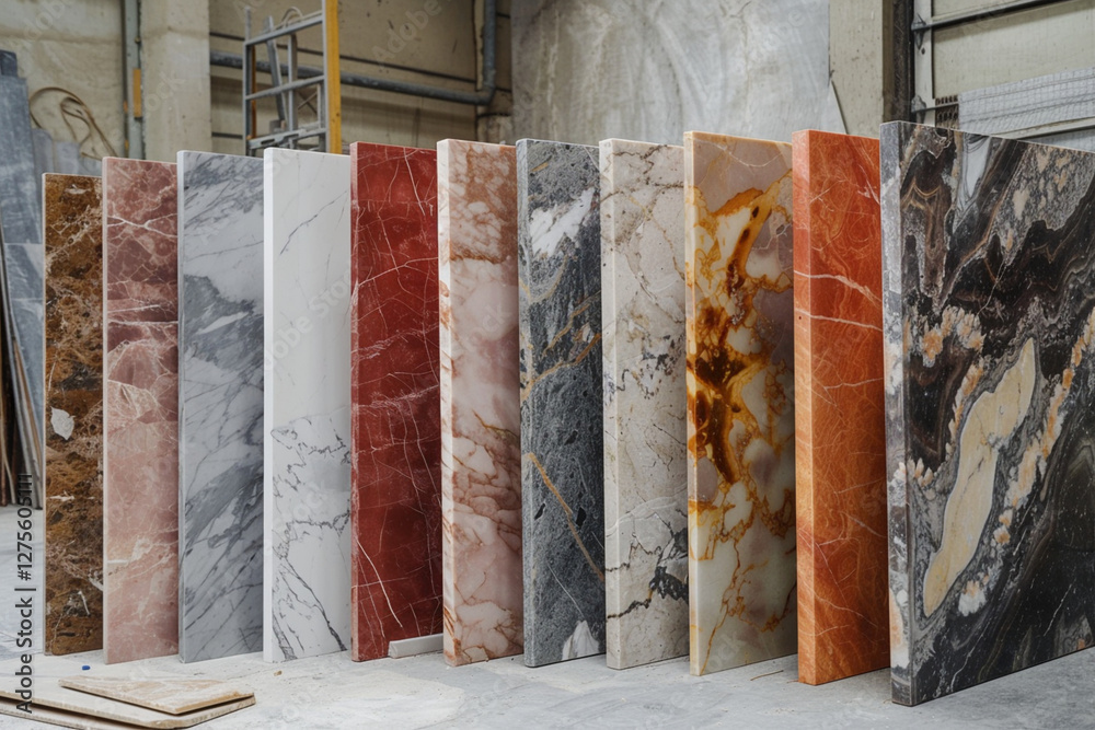 Fototapete Marble slabs of various colors and patterns displayed in a workshop, showcasing natural stone textures for interior and architectural design.	