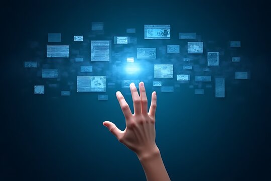 A hand touches a digital interface with floating data windows in blue.