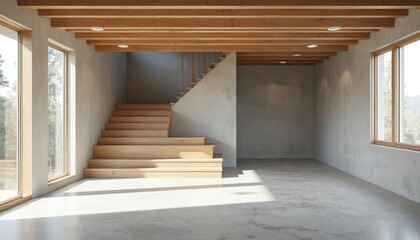 Spacious unfinished basement with wood stair and concrete walls. Empty room ready for customization. House interior with natural light from windows. Construction site ready for renovation project.