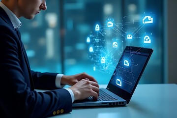 Fototapeta premium A man in a suit works on a laptop with data cloud icons.