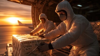 Two masked workers in protective suits load cargo into an airplane against a stunning sunset backdrop, capturing the essence of industriousness and the importance of logistics in travel.