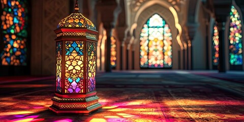 Majestic ornate lantern casting colorful shadows on red patterned carpet with intricate stained glass windows illuminated in the background