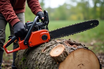 A person uses a chainsaw to cut a large log.