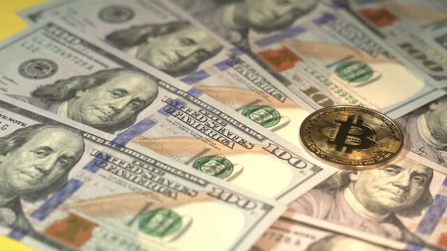 symbol bitcoin dollar euro pound and yen. Financial background made of glow particles as vitrtual hologram. 3D seamless animation with depth of field, bokeh and copy space. Red v5