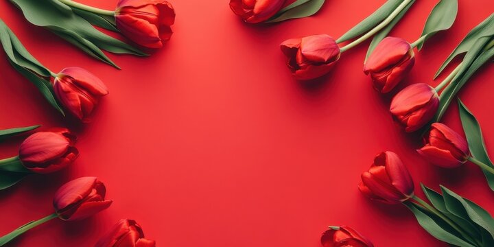 Vibrant red tulips arranged in a circular pattern on a solid red backdrop creating a lively spring greeting card design with ample copy space. - Powered by Adobe