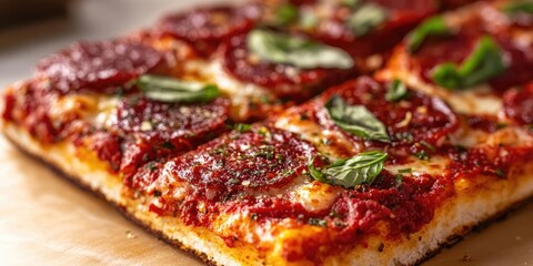 Delicious square pepperoni pizza topped with fresh basil and grated cheese on a light brown parchment surface, vibrant red sauce and crispy crust.