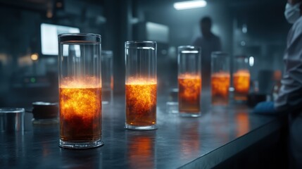 A visually captivating laboratory scene featuring glowing orange liquid in glass jars, suggesting a science experiment filled with mystery and intrigue in a modern lab setting.