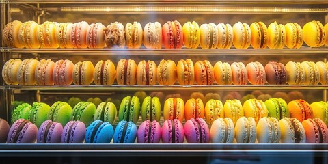 Colorful display of macarons in rows with yellow, pink, green, and orange hues, showcasing a variety of flavors in a well-lit pastry case.
