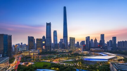 Naklejka premium Awe-inspiring City Skyline at Dusk: A Breathtaking Panorama of Modern Architecture