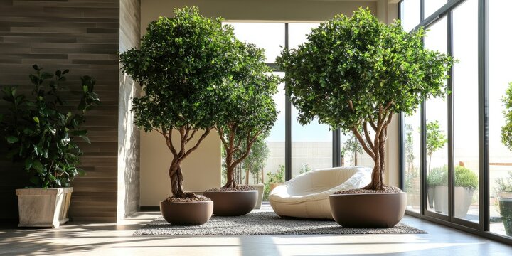 Indoor living space featuring three lush decorative trees in round pots, vibrant green foliage contrasting with light-colored flooring and furniture.