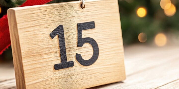 Close-up of a wooden calendar block showing the number 15 in bold black against a light wooden background with soft bokeh Christmas lights. - Powered by Adobe