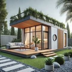 A stunning house features sleek lines and large glass windows, surrounded by vibrant greenery and a cozy deck. This serene outdoor space invites relaxation and harmony with nature