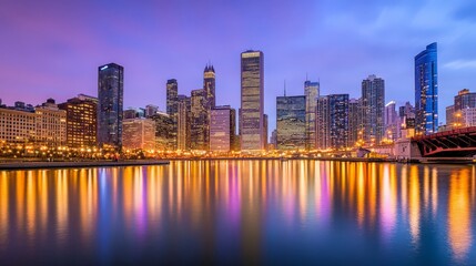 Fototapeta premium Chicago Skyline at Dusk: A Stunning Cityscape Reflection