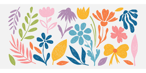 Crayon Abstract Flowers and Leaves Set. Hand drawn floral shapes with crayon, chalk or charcoal texture drawn manual on paper. Bold Flowers and leaves in trendy crayon drawing style.