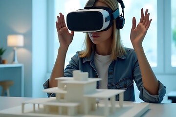 A woman wearing VR headset interacts with virtual architectural model innovatively.