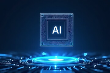 Digital rendering showing AI technology with blue glowing platform and circuit details.