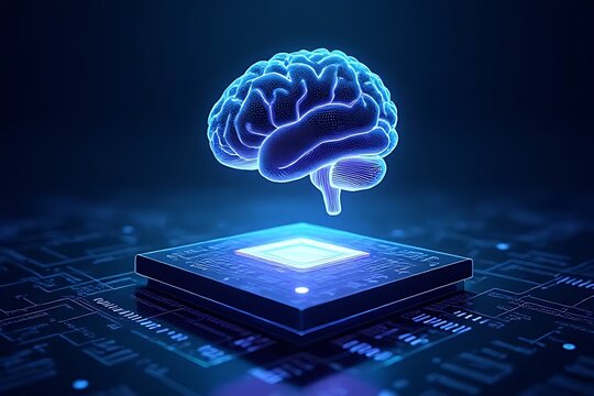 Digital brain hovers above a glowing microchip. - Powered by Adobe