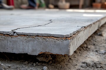Fototapeta premium Cracked Concrete Slab Reveals a Tale of Wear in a Sunlit Construction Site. Generative AI