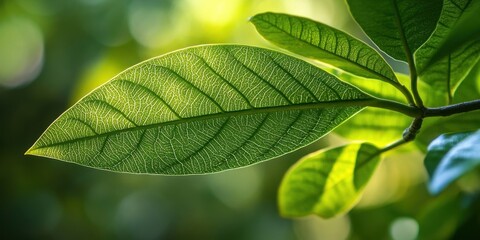 Close-up of a vibrant green Sapodilla tree leaf with intricate texture positioned against a softly blurred green background emphasizing nature's beauty