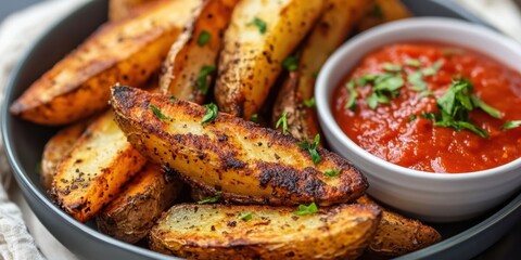Fototapeta premium Fried potato wedges in a black bowl with vibrant red tomato sauce on the side garnished with fresh herbs creating a savory snack presentation