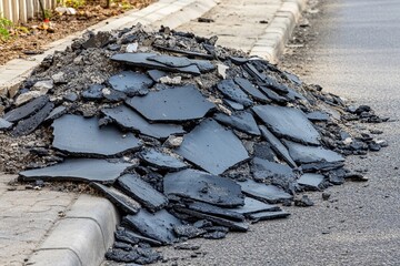 Pile of Black Asphalt Remnants on the Roadside After Repair Work in the City. Generative AI