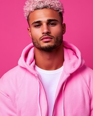 Fototapeta premium Attractive Young Man with Pink Hair in Pink Hoodie Studio Portrait