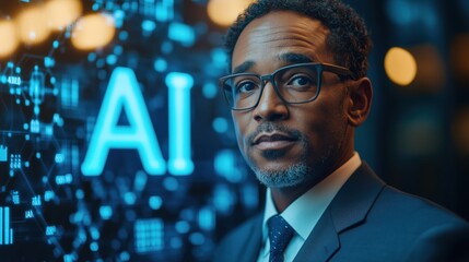 A confident Black businessman stands in front of a digital screen showcasing the term AI, emphasizing its crucial role in enhancing business success and driving innovation