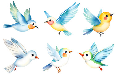 Cute colorful birds flying png clipart set on transparent background
