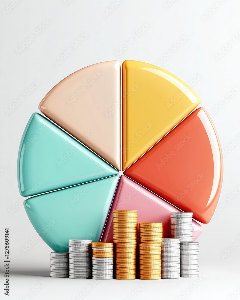 Aufkleber colorful pie chart showing financial data with stacks of coins