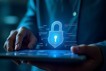 Security professional managing cybersecurity on a tablet, emphasizing digital data protection.