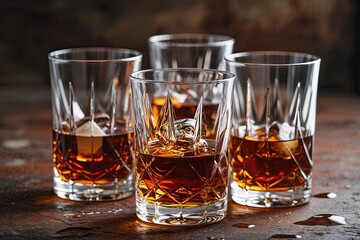 Elegant Whiskey Tumblers Clinking, Amber Liquid Swirling, Celebrating Sophistication on a Rustic Surface