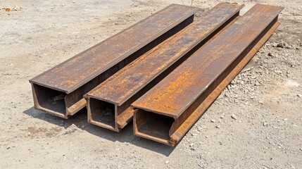 Fototapeta premium Rusty Steel Beams Lying on Construction Site Background in Daylight