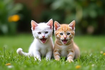 Two small, playful kittens sit side by side in a green lawn.