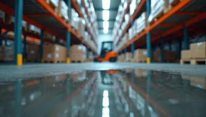 Warehouse wet floor reflects orange shelves, blurred forklift. Industrial activity, logistic, transportation. Modern workplace engagement, movement, operation, conveyance, shipment, storage,
