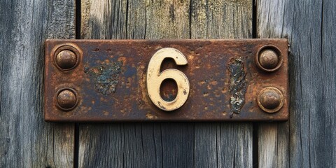 Brass number 6 plaque with rustic patina on a weathered wooden gate showcasing earthy tones and space for customizable text above the number