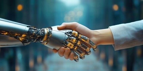 A human hand and a robot arm engage in a handshake, symbolizing the growing collaboration between technology and humans in business settings. This moment reflects innovation and partnership