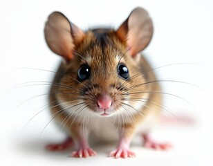 Portrait of cute house mouse isolated on white. Small rodent brown fur pink nose whiskers big ears looking forward. Domestic animal studio shot close-up.