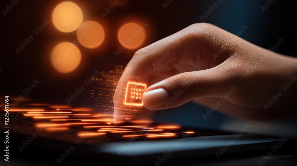 Poster Hand Interacting with Digital Data Cube on Tablet Screen Futuristic Technology