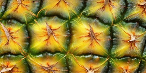 Fototapeta premium Vibrant close-up of pineapple skin with a texture of green and yellow hues featuring geometric patterns and intricate details of natural design.